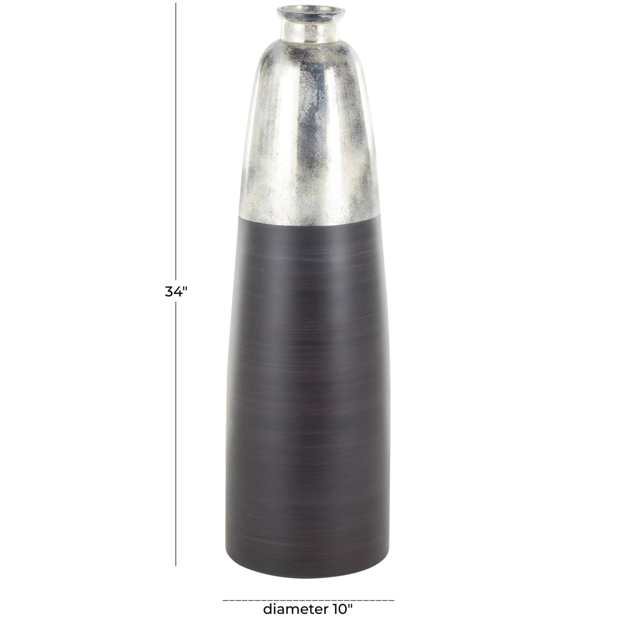 34" Black Glass Brushed Two-Toned Floor Vase with Textured Silver Top